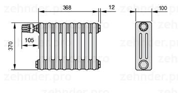 Схема (чертеж) Радиатор Zehnder Charleston 3037/8 №V011 Белый глянцевый RAL 9016